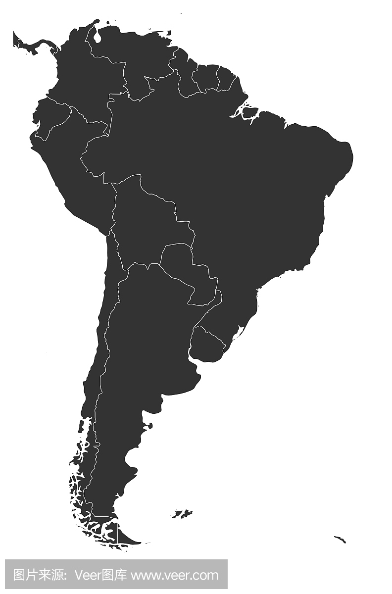 南美洲的空白的政治地图。简单的平面矢量地图
