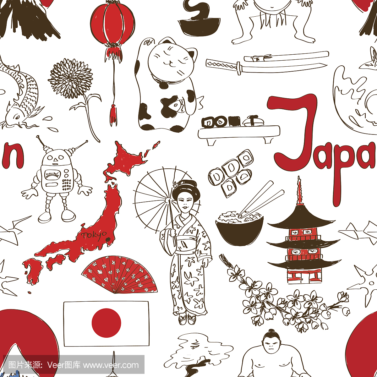 素描日本无缝图案