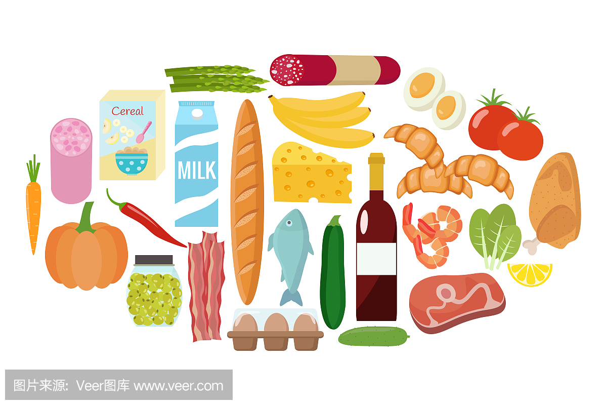 食品杂货。面包,鸡肉,肉,水果,蔬菜,鸡蛋,酒,果汁