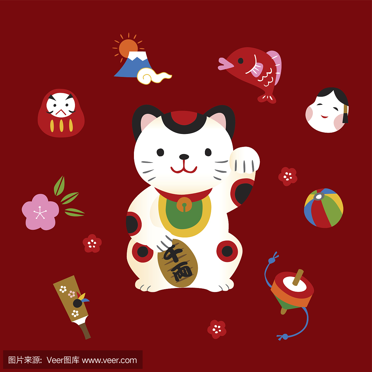 日本传统元素幸运猫鱼和玩具