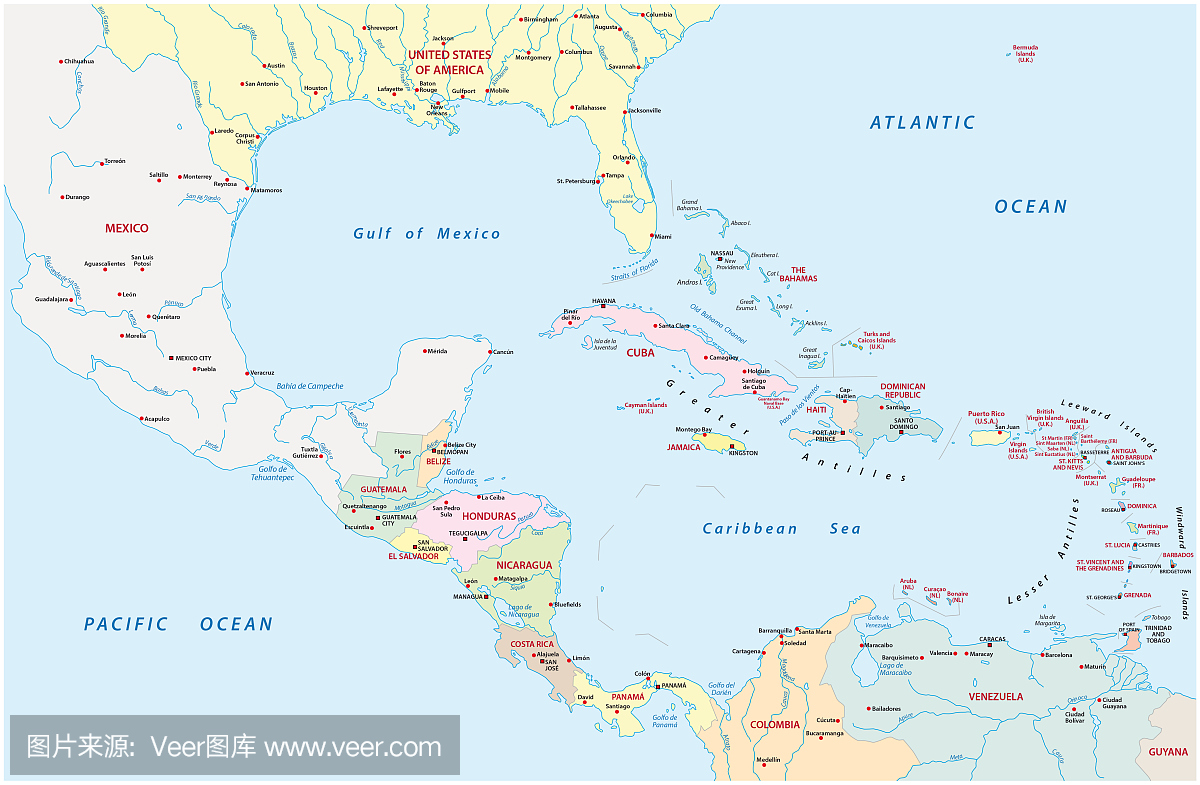 中美洲和加勒比国家的行政地图