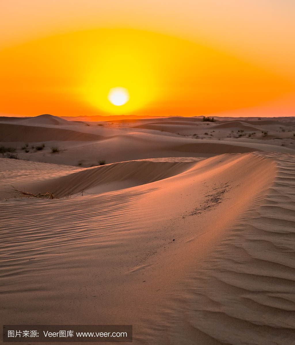 阿拉伯联合酋长国迪拜附近的沙漠日落曝光