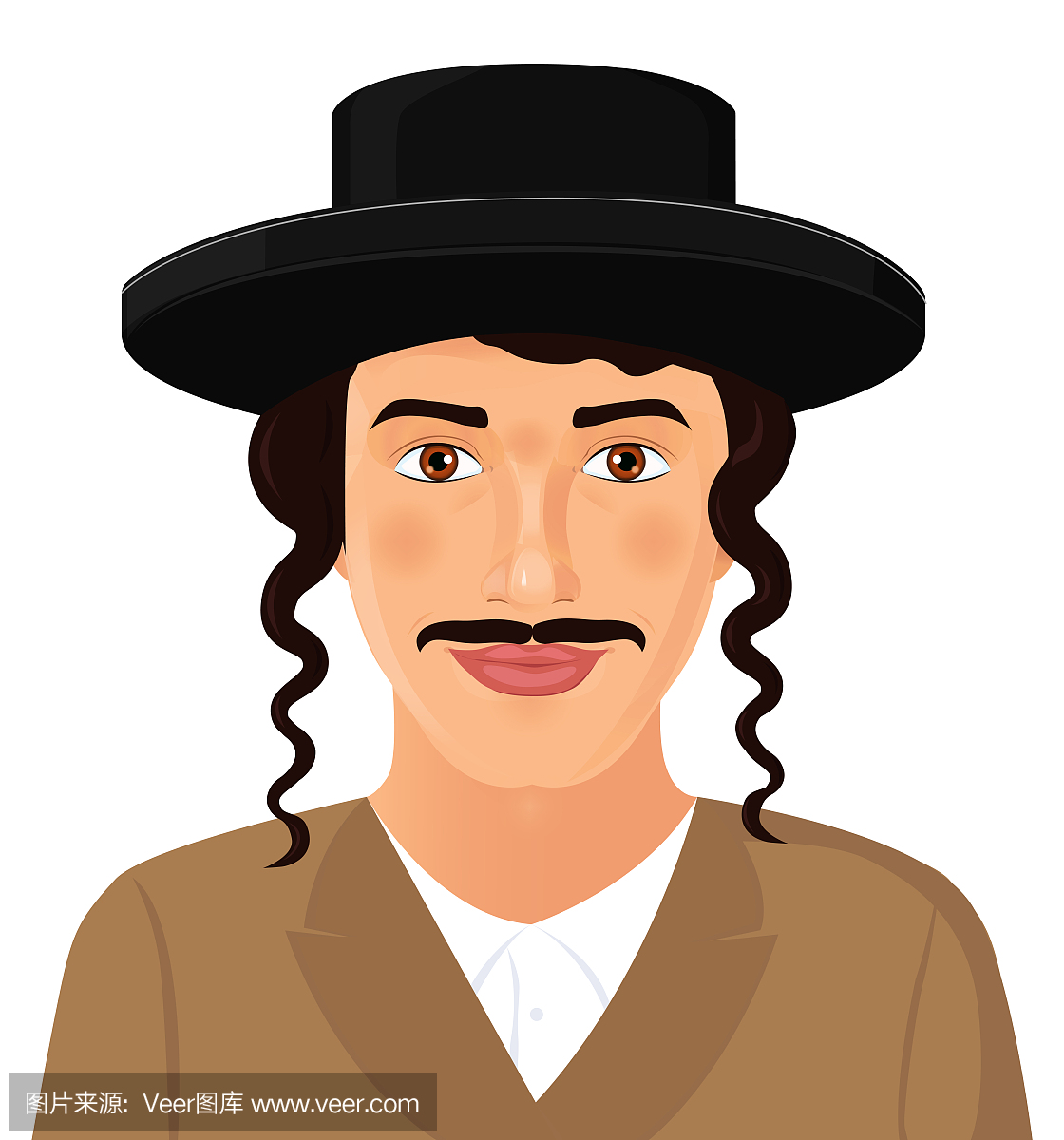 犹太男子脸上的肖像与帽子和胡子穿着黑色西装