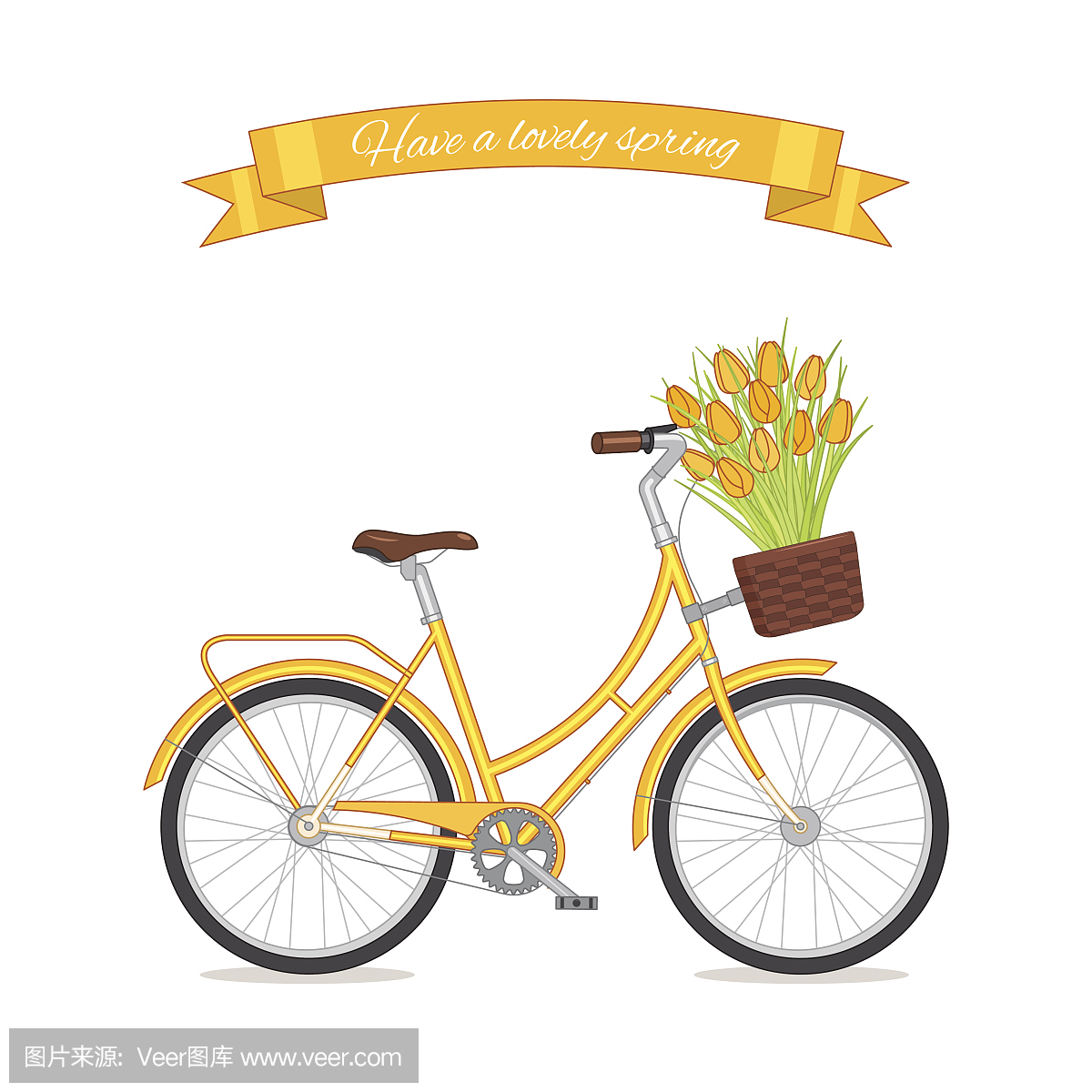 黄色复古自行车与郁金香花束在花篮