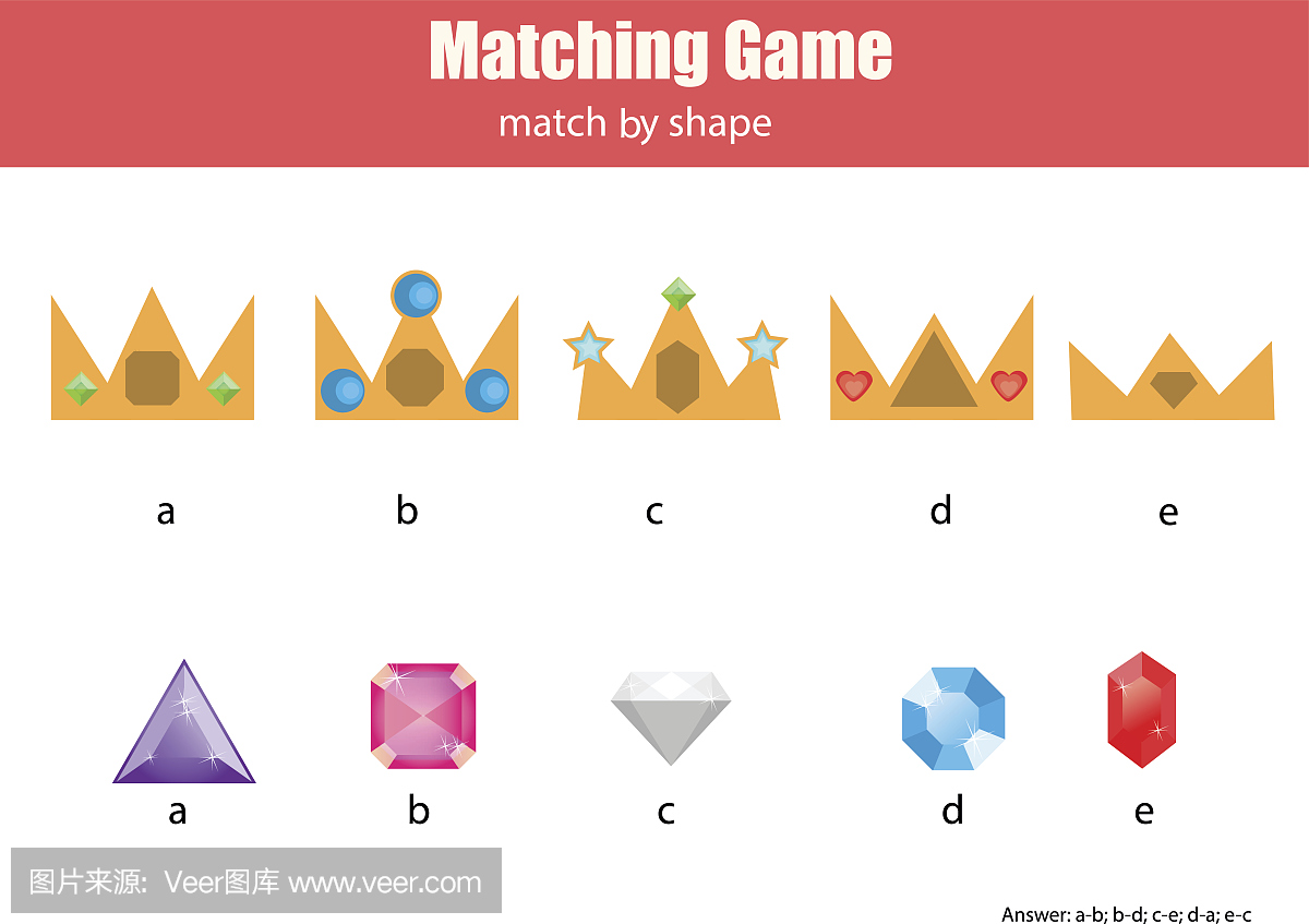 配对儿童教育游戏。匹配冠和钻石,学习几何形