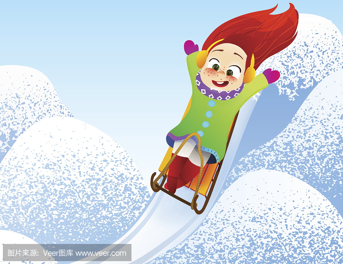 小女孩雪橇孩子们在户外玩雪。圣诞假期