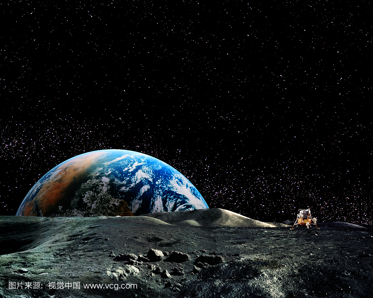 Planet Earth rising above lunar horizonwith Lun