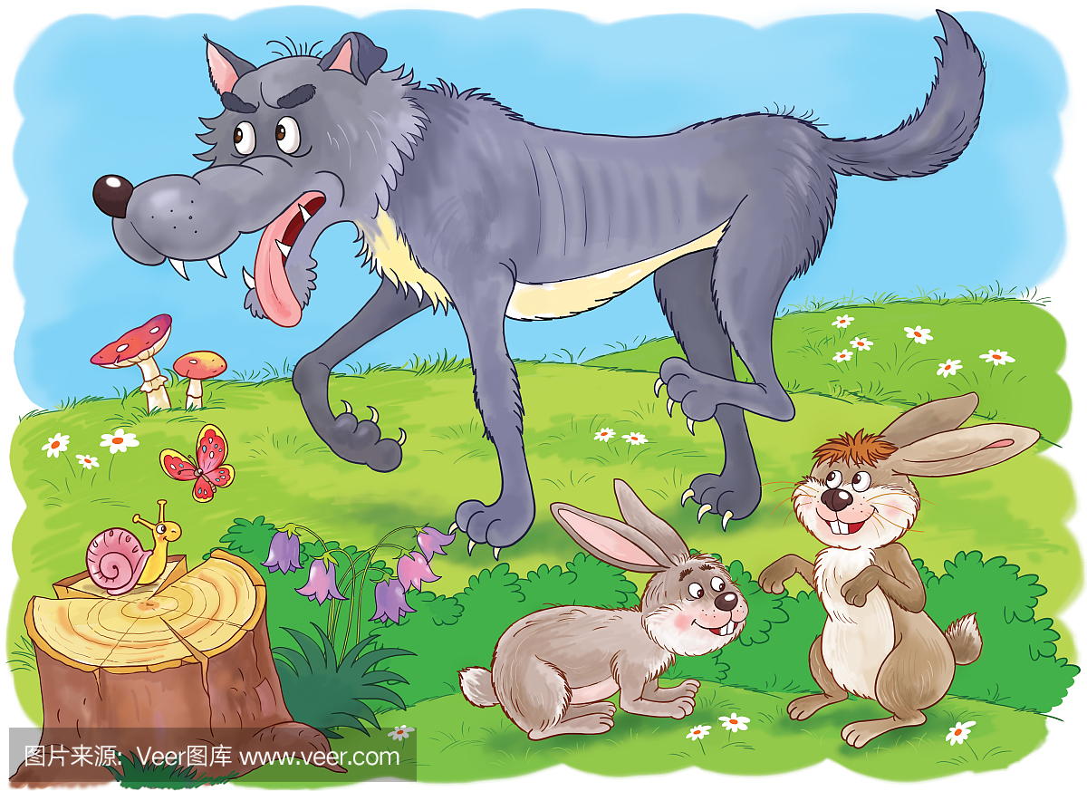 在动物园。可爱的林地动物。狼和野兔插图为孩