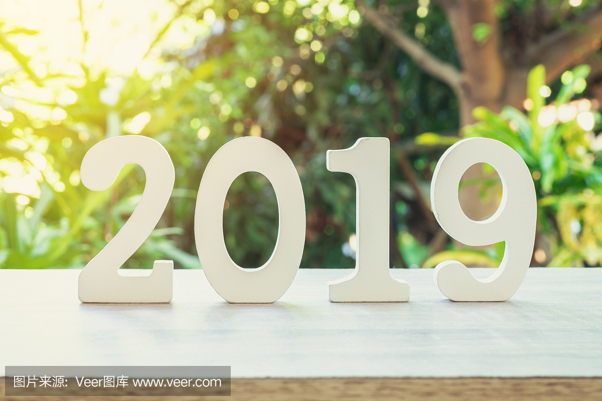 新的一年的概念:木制的数字2019年在阳光下的