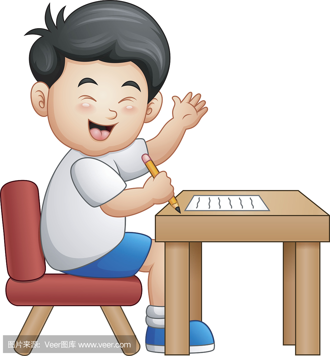 卡通男孩在桌子上学习竖起大拇指