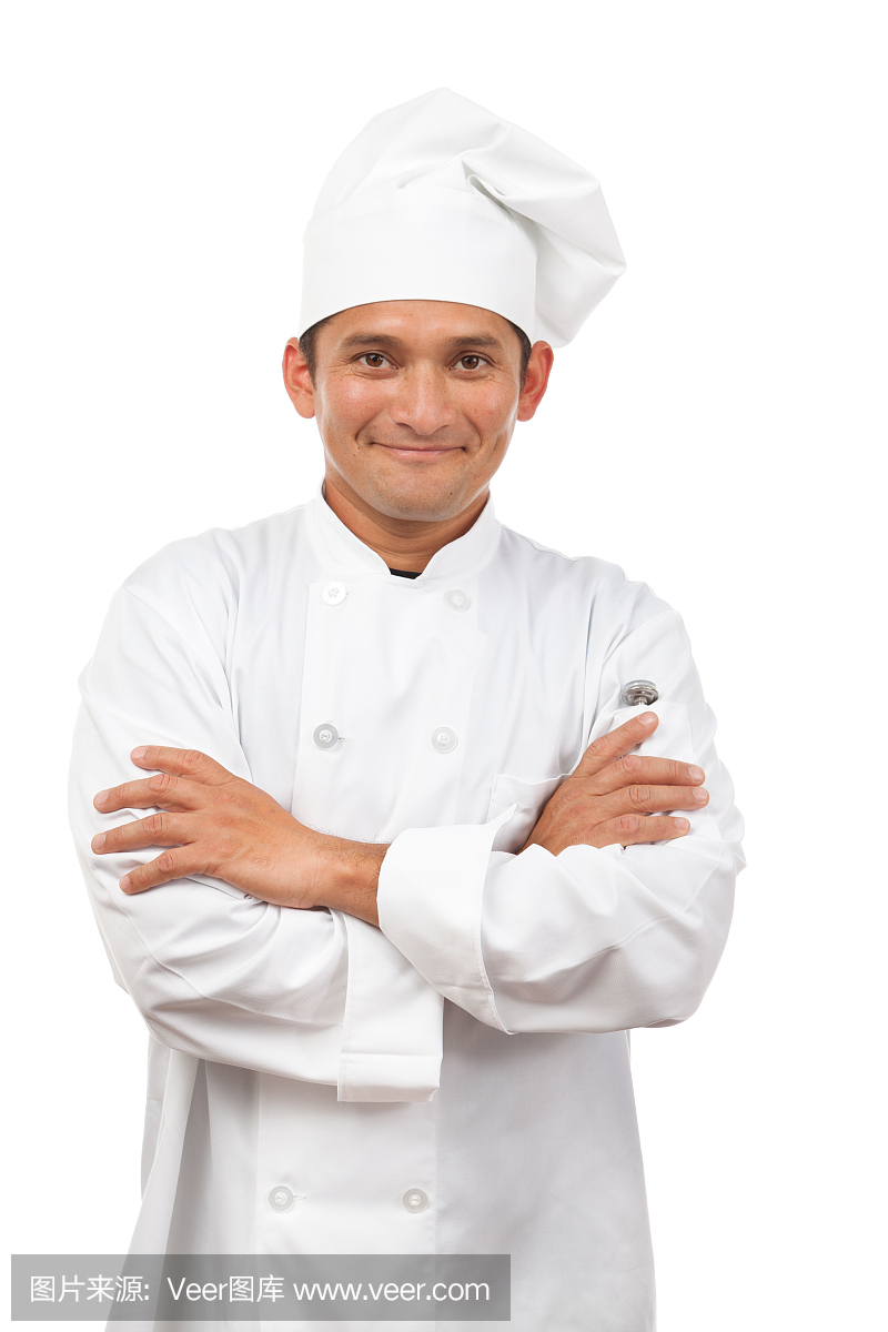 愉快微笑西班牙裔厨师在白色背景上制服