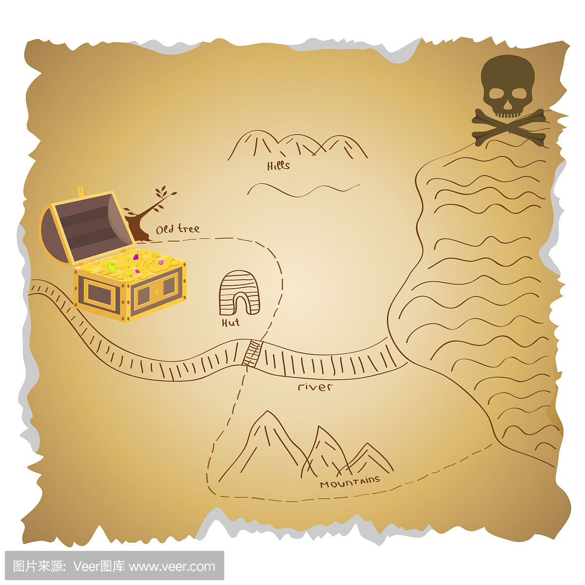 海盗珍宝与宝藏的地图。一张古老的海盗宝藏地