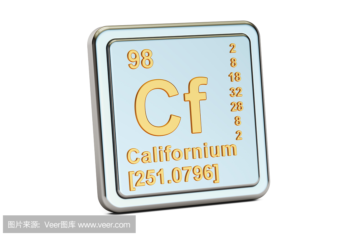 ium Cf,化学元素符号。孤立在白色背景上的3D