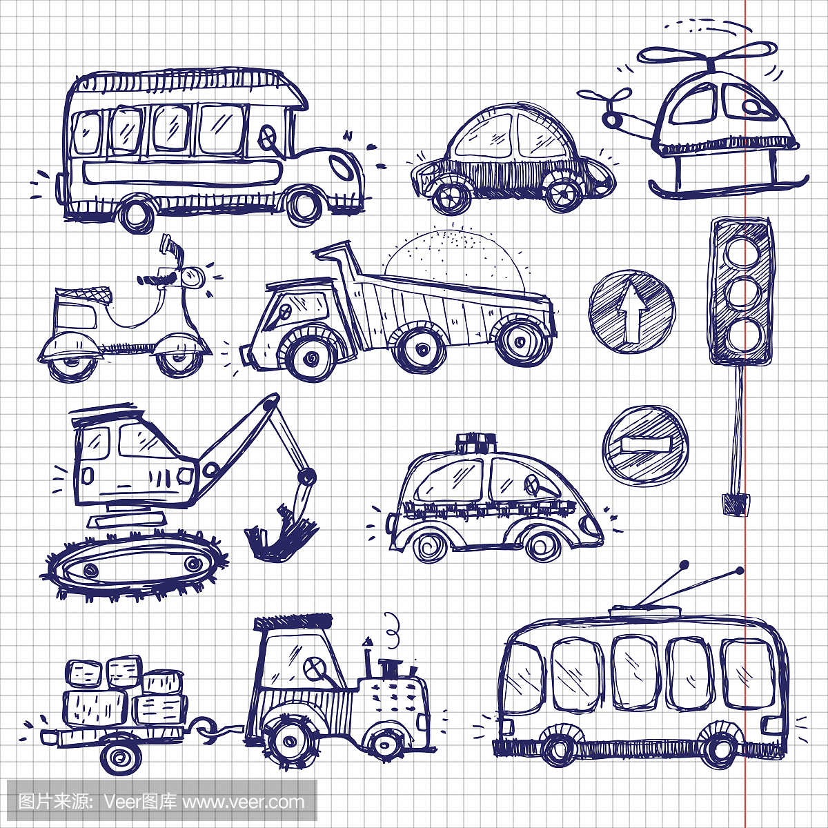 婴儿车套装。有趣的婴儿玩具。矢量涂鸦集合