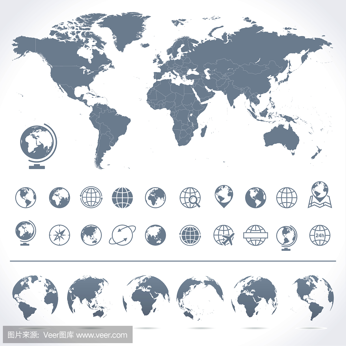 世界地图,地球仪图标和符号 - 插图