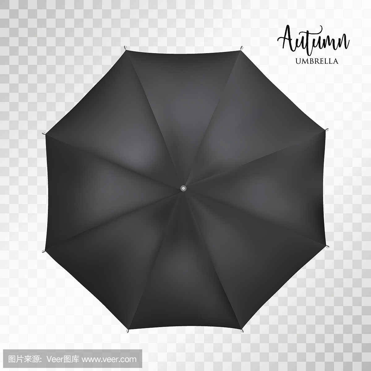 矢量经典黑色圆雨伞顶视图。透明背景