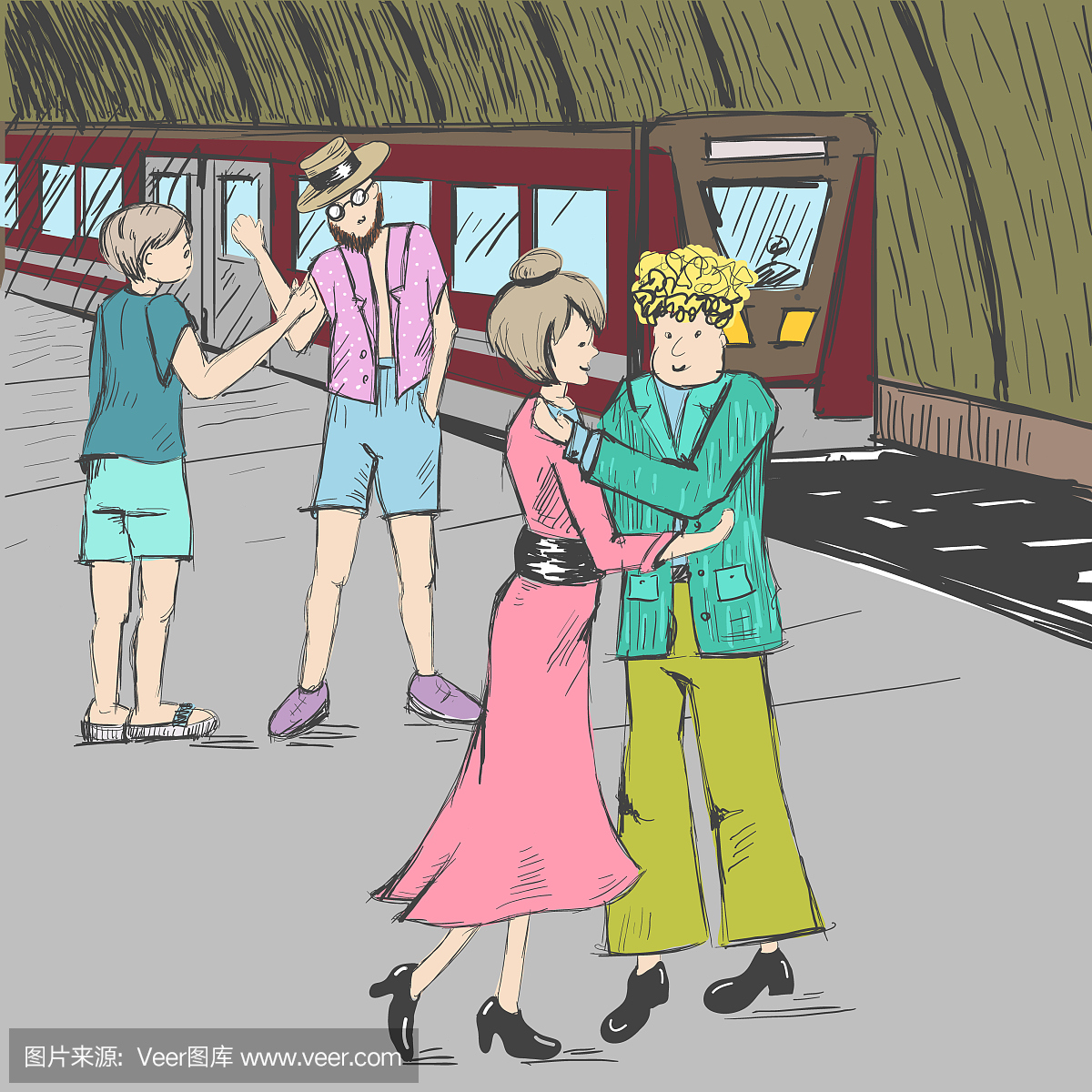 漫画。人们在地铁里说再见。一列火车。一个女