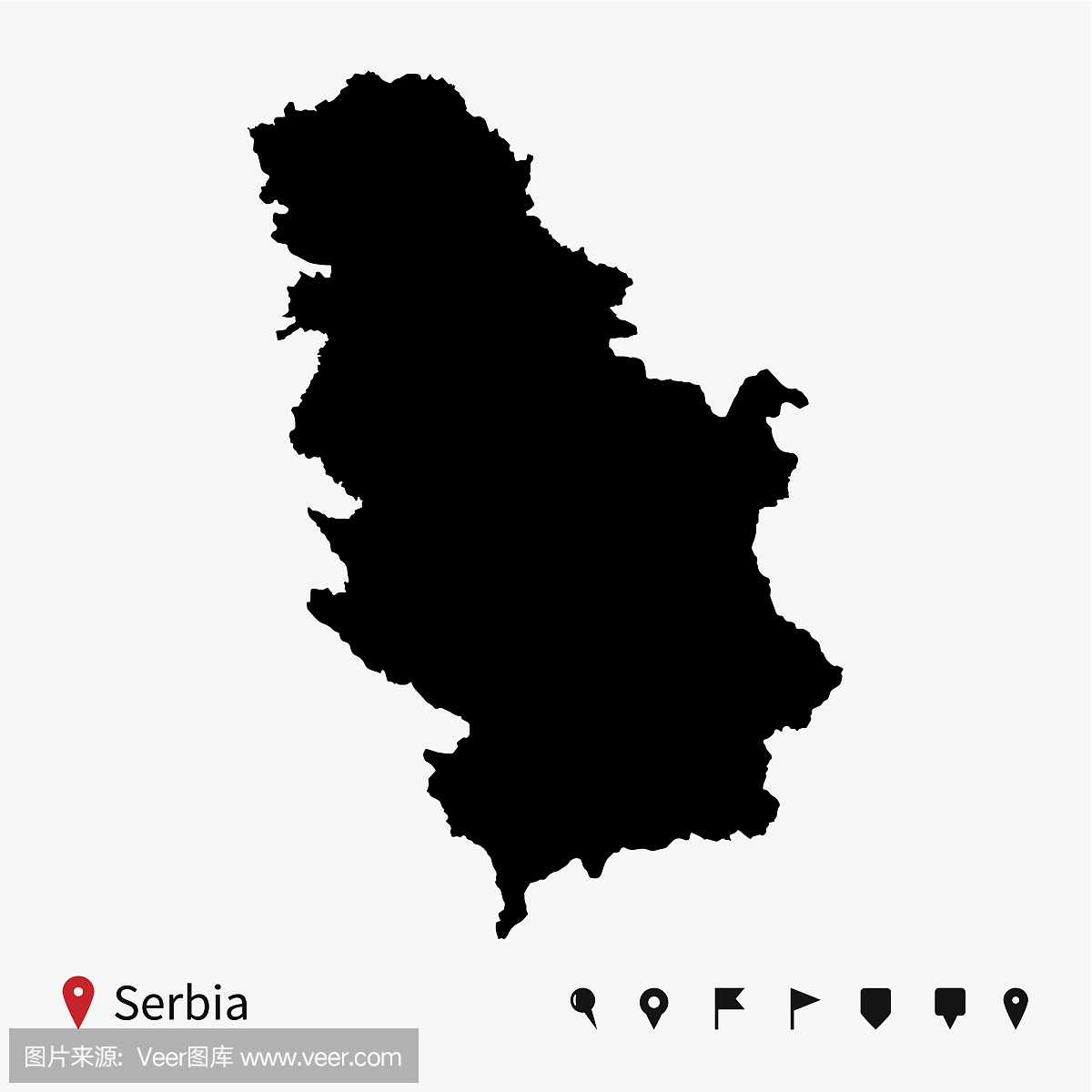 塞尔维亚的高详细矢量地图与导航针。