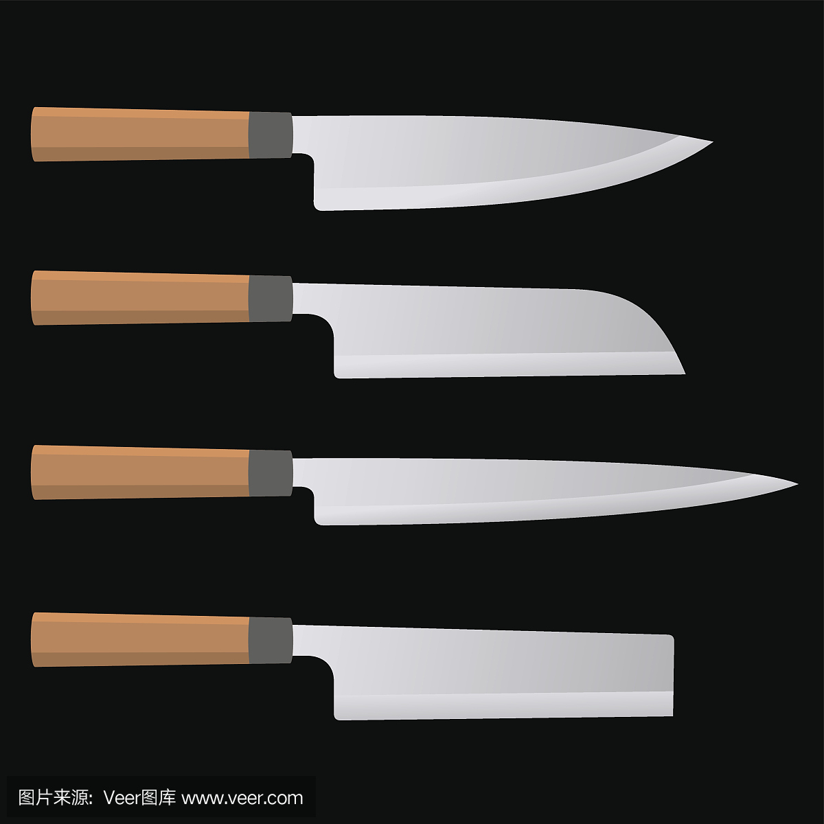 一套日本厨刀用木柄。向量