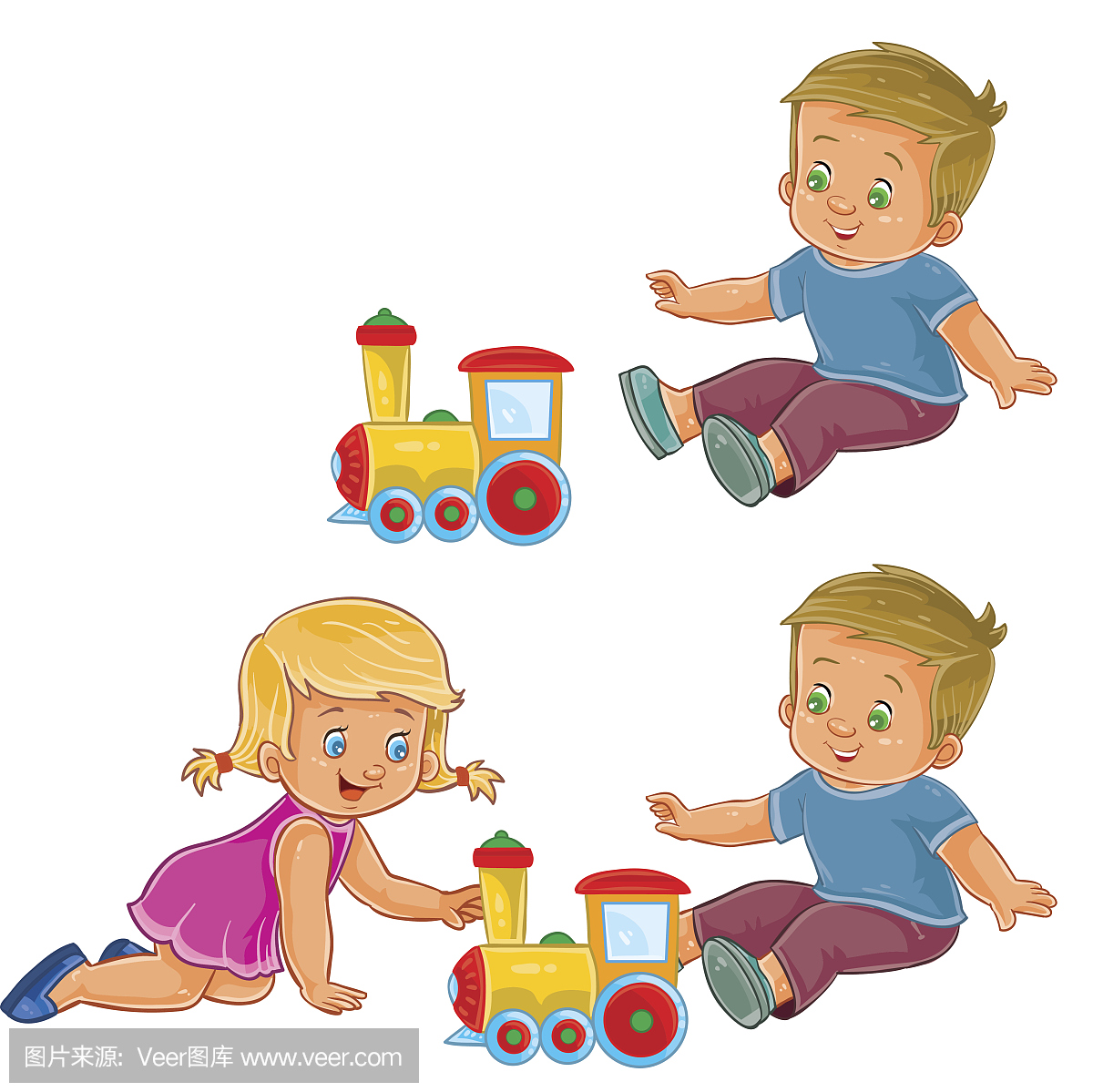 矢量小女孩和男孩玩蒸汽机车
