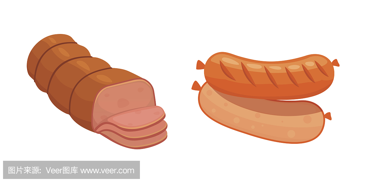 Set of vector cartoon sausage. Bacon, sliced S