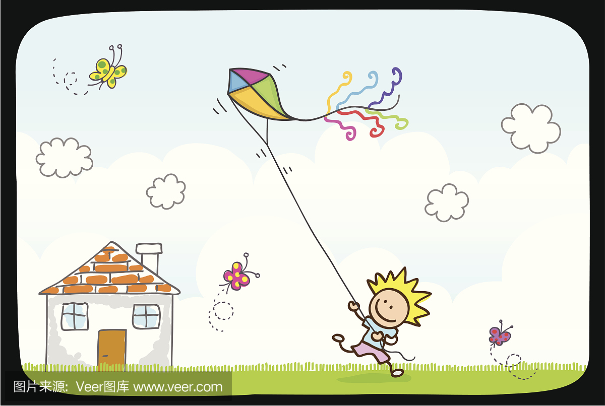 孩子玩风筝在夏天,春天自然卡通插图