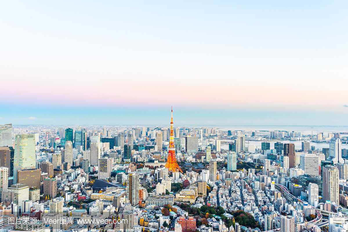 全景现代城市天际线鸟眼东京塔和台风下金色的