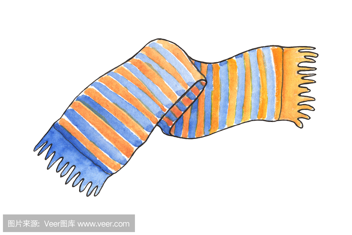 蓝色和黄色条纹水彩插图针织围巾。