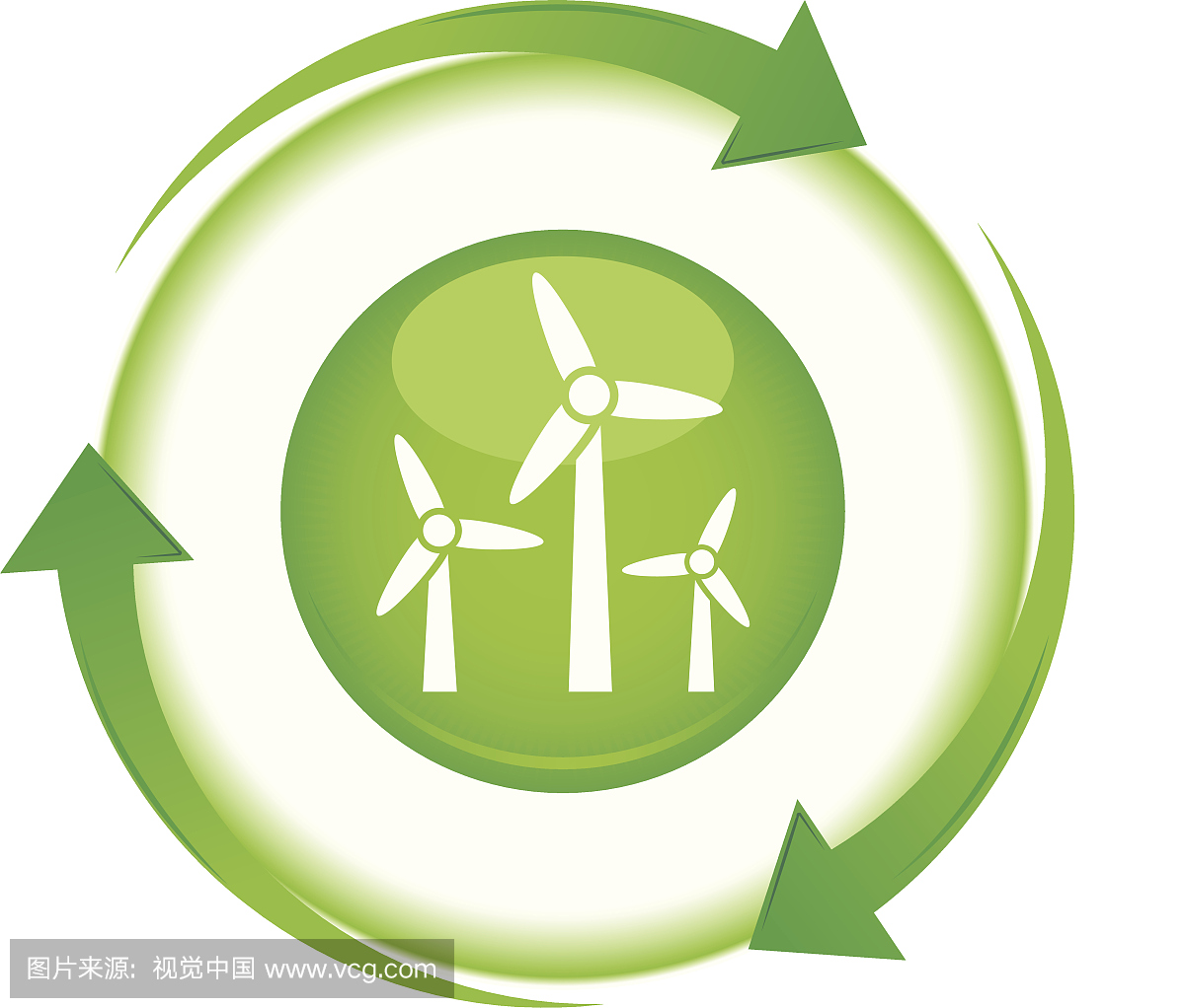 三个绿色箭头循环与风力涡轮机图标