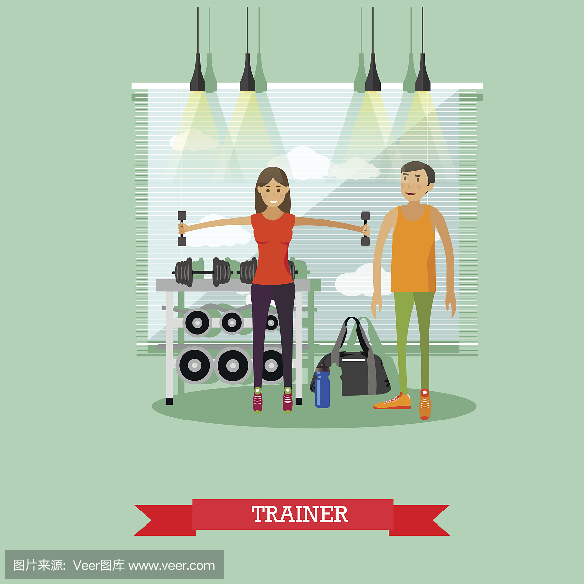 女孩在健身房里和私人教练一起工作。健身中心