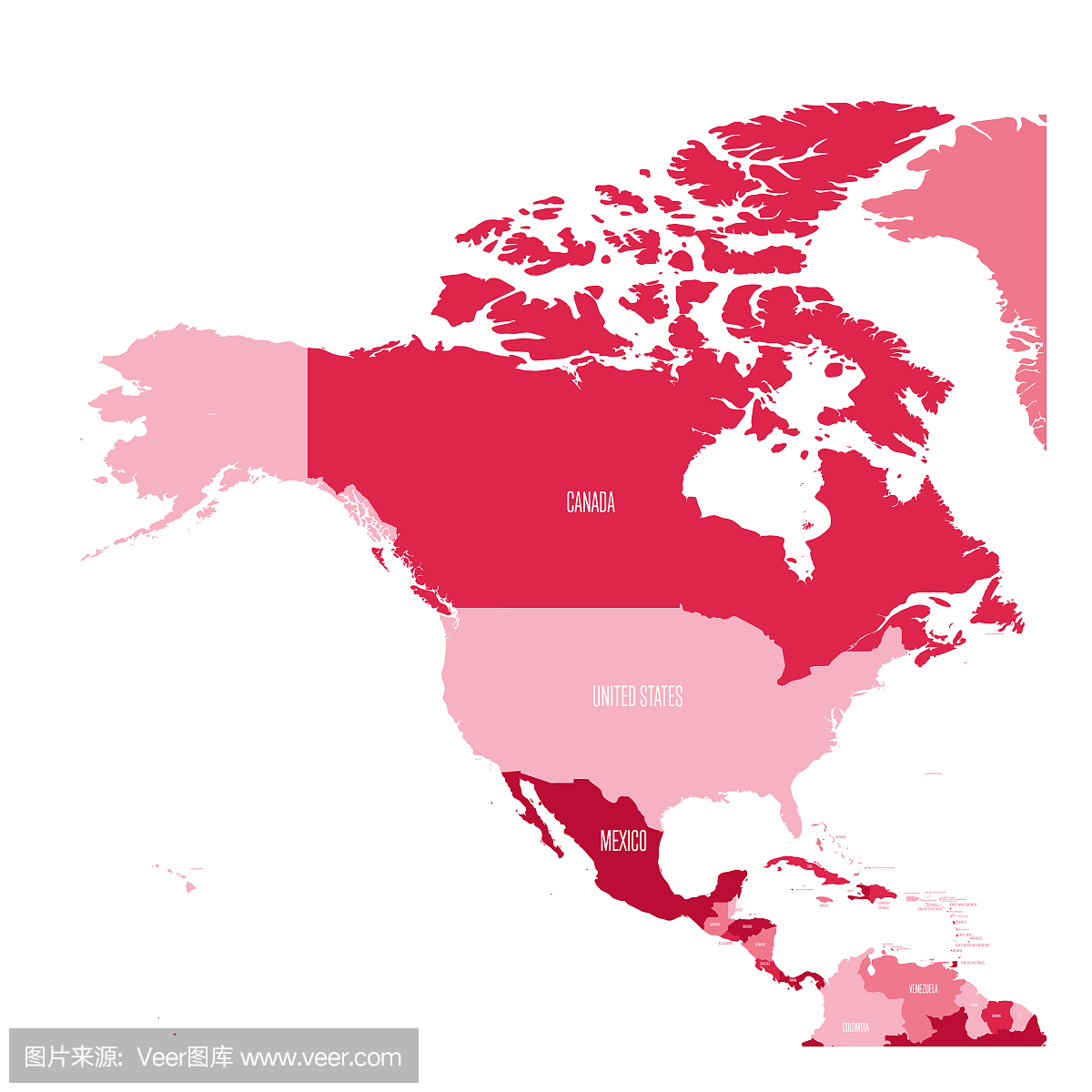 北美和中美洲的政治版图。简单的平面矢量地图