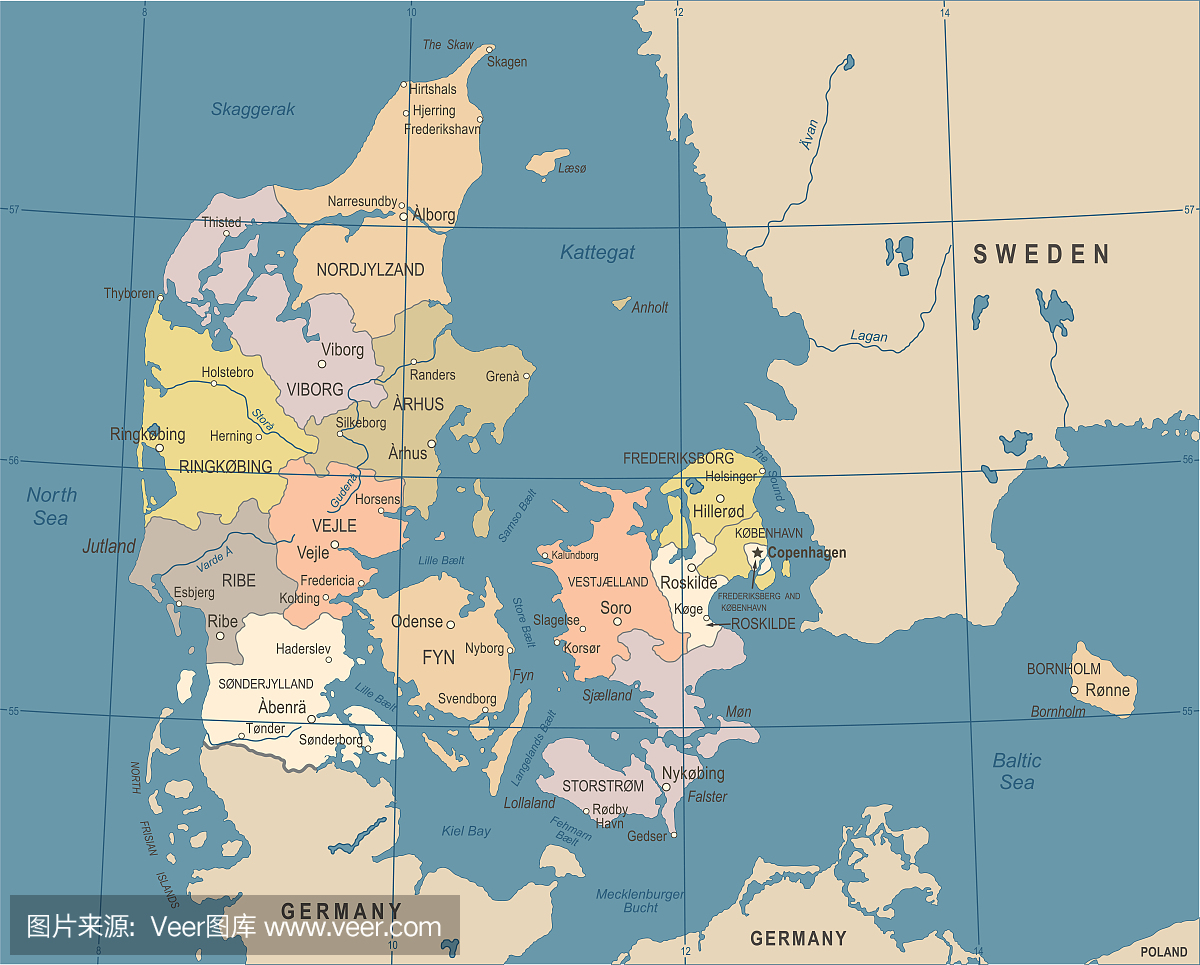 丹麦地图 - 葡萄酒矢量图