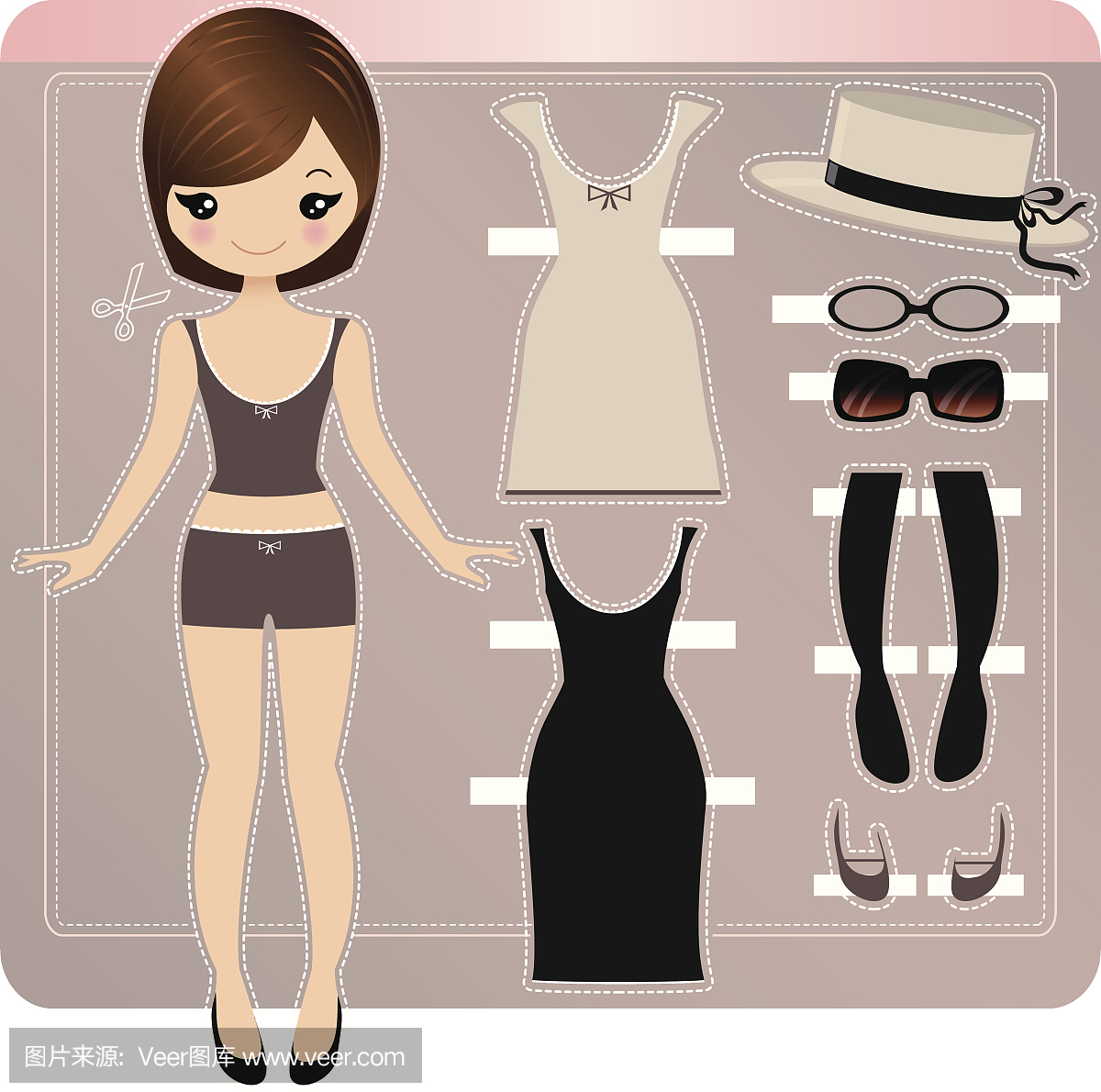 纸娃娃套装黑色连衣裙,草帽和眼镜
