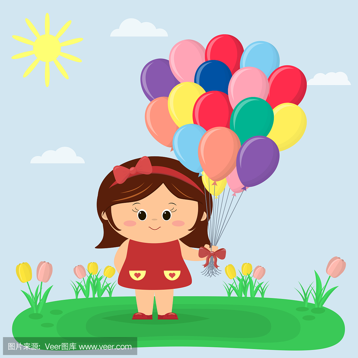 一个穿红裙子和蝴蝶结的女孩拿着气球,郁金香