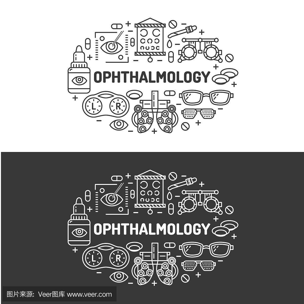 眼睛保健矢量扁线图标的验光配镜,隐形眼镜,眼