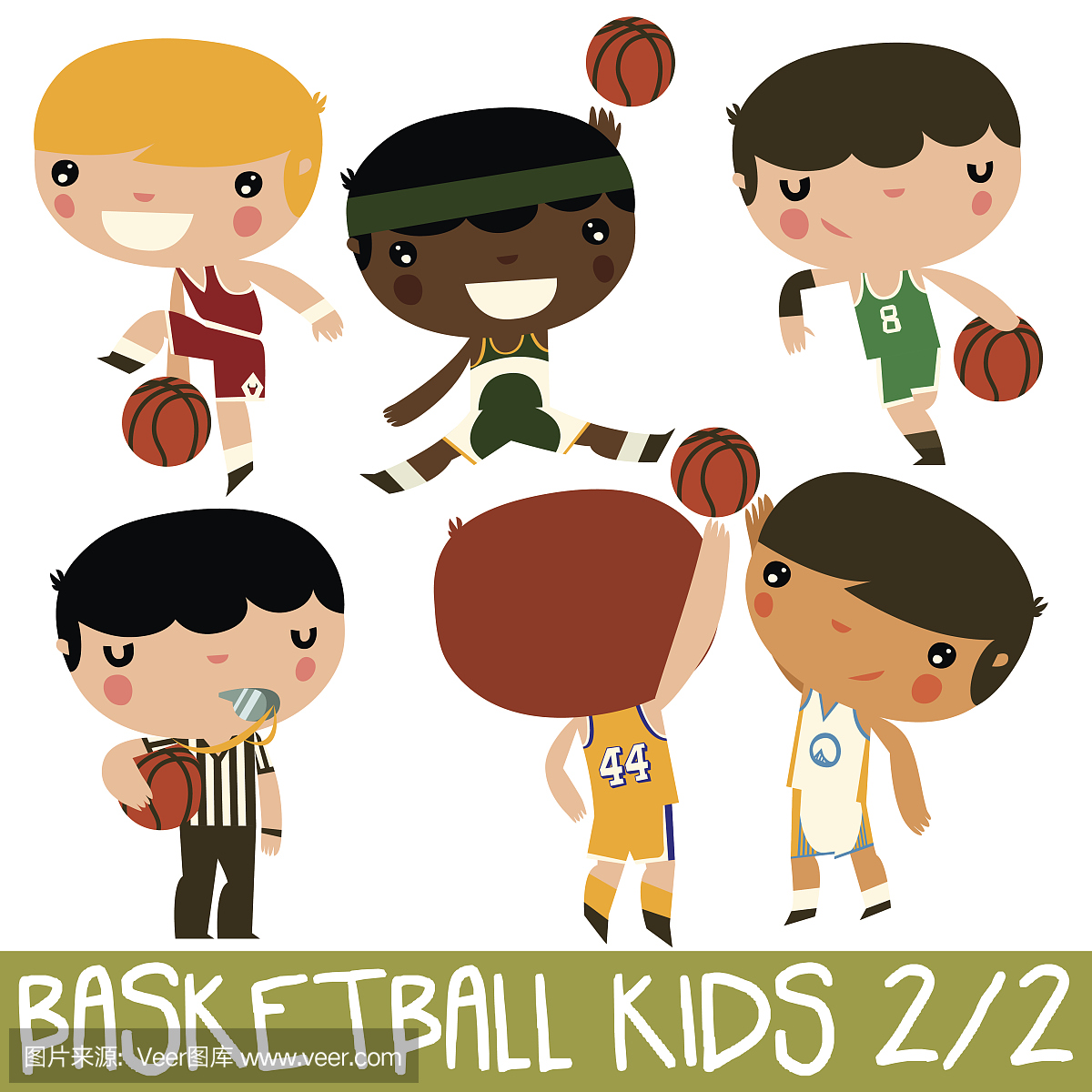 篮球小孩平面人物。可爱的孩子在nba套件。