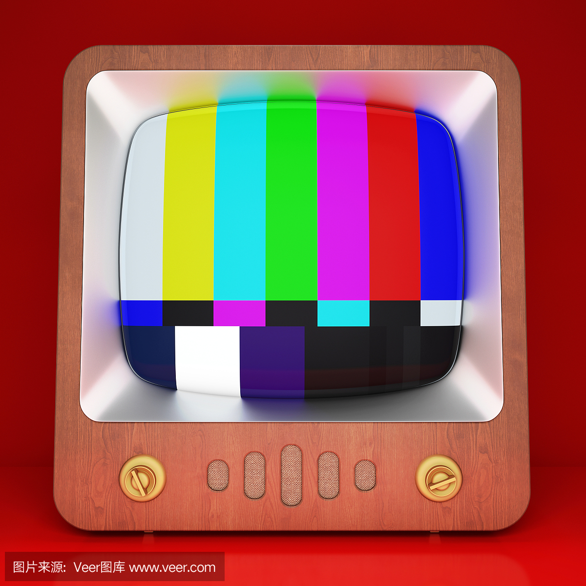 与红色背景上的彩色条纹的复古电视