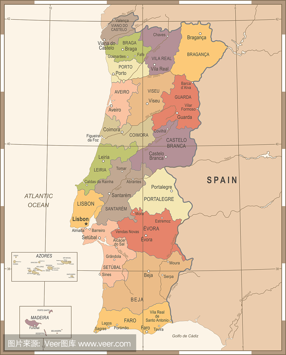 葡萄牙地图 - 老式详细的矢量图