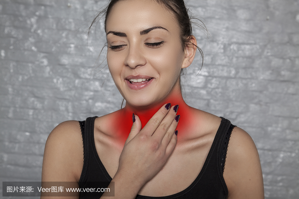 throat infected with bacteria, a woman holding her throat