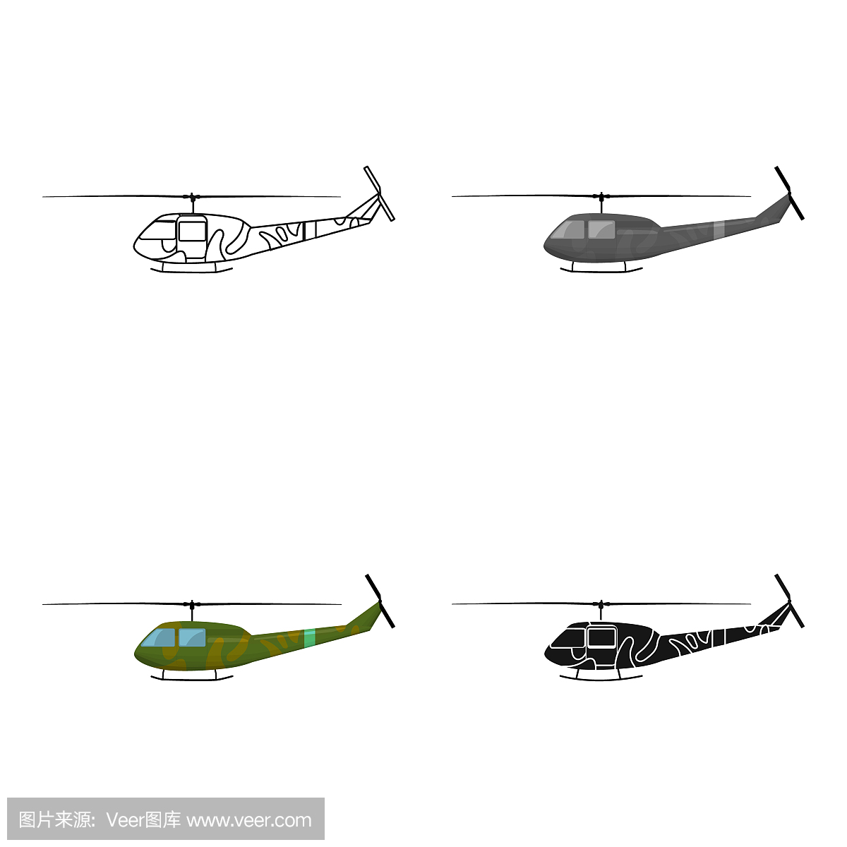 在白色背景上孤立的卡通风格的军用直升机图标