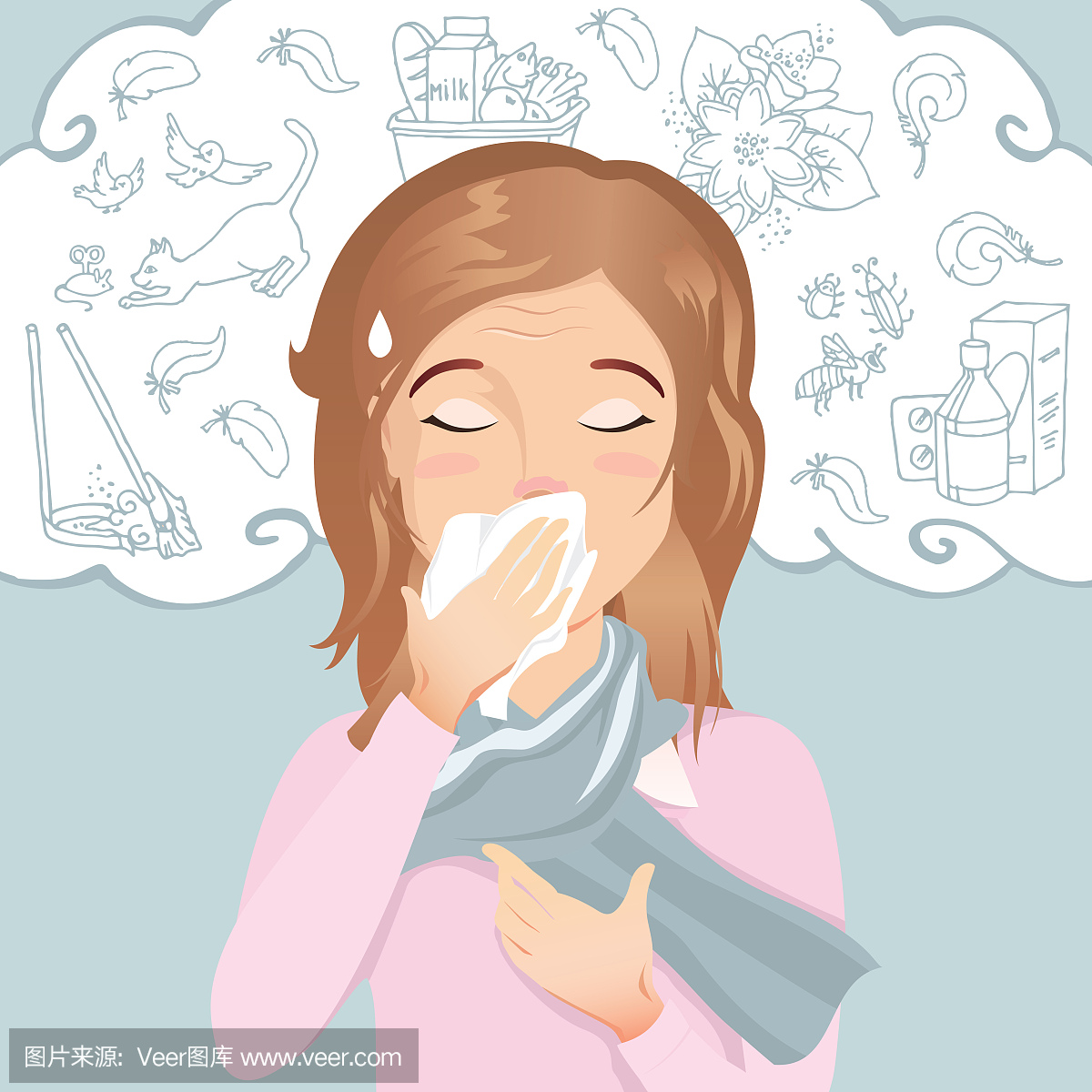 年轻女性有过敏,流鼻涕和咳嗽。对灰尘,花粉,动