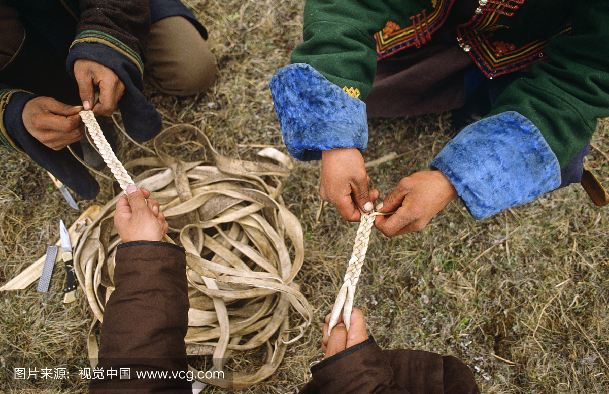 蒙古,肯泰省。马牧人在辫子皮带上。
