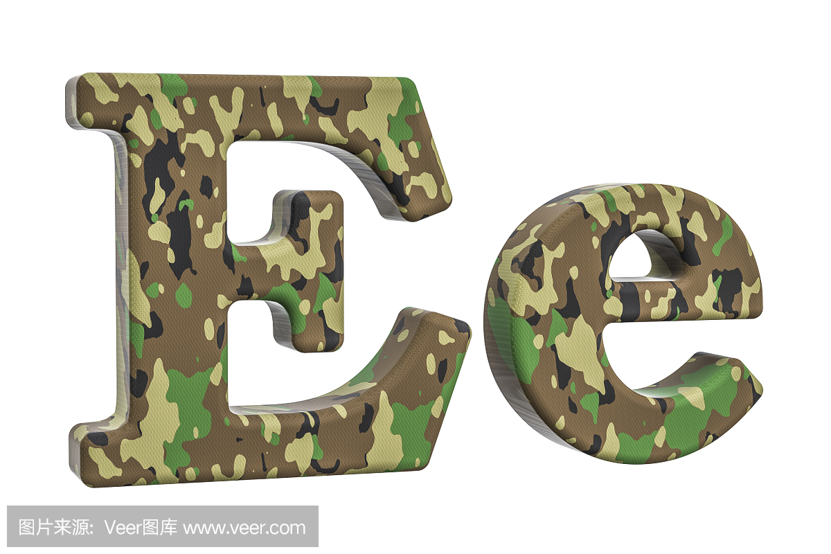 伪装军队字母E,在白色背景隔绝的3D翻译