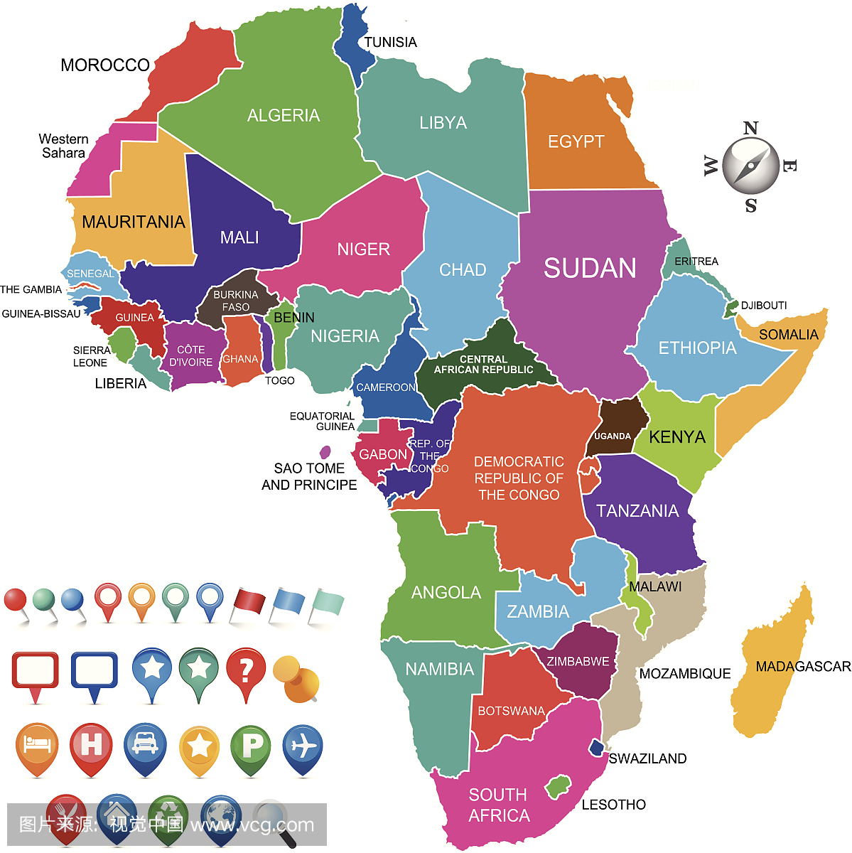 五颜六色的非洲地图与各种gps图标