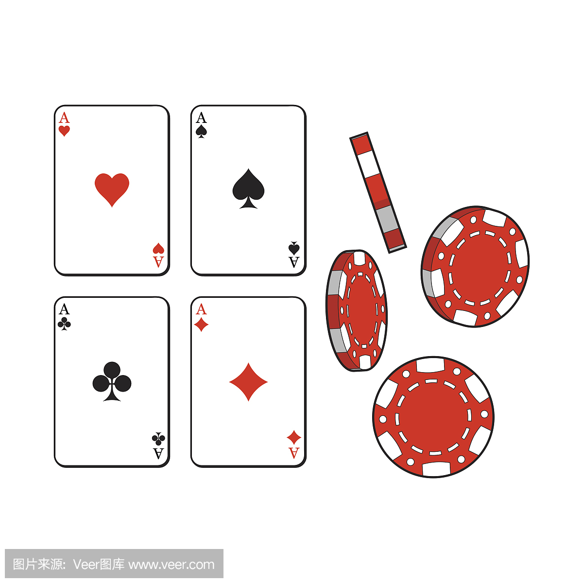 心,铁锹,俱乐部,钻石王牌扑克牌和赌博筹码