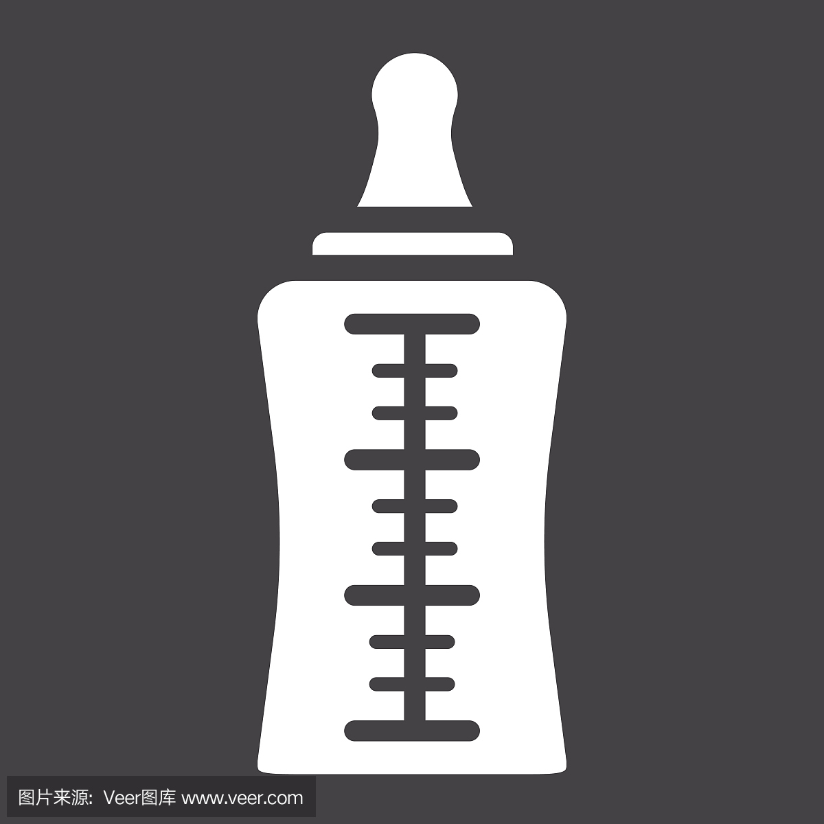 婴儿奶瓶固体图标,牛奶和乳头,矢量图形,黑色背
