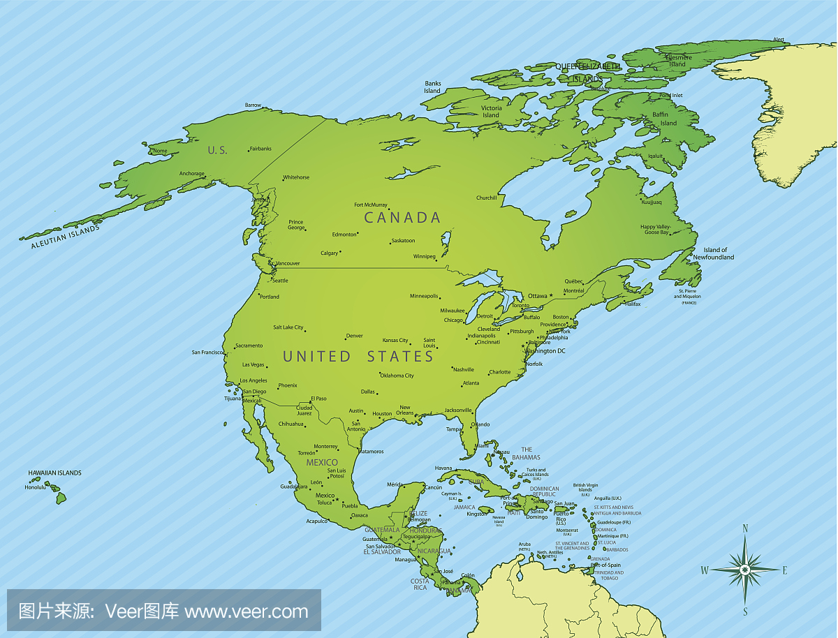 北美地图绿色与边界和名称