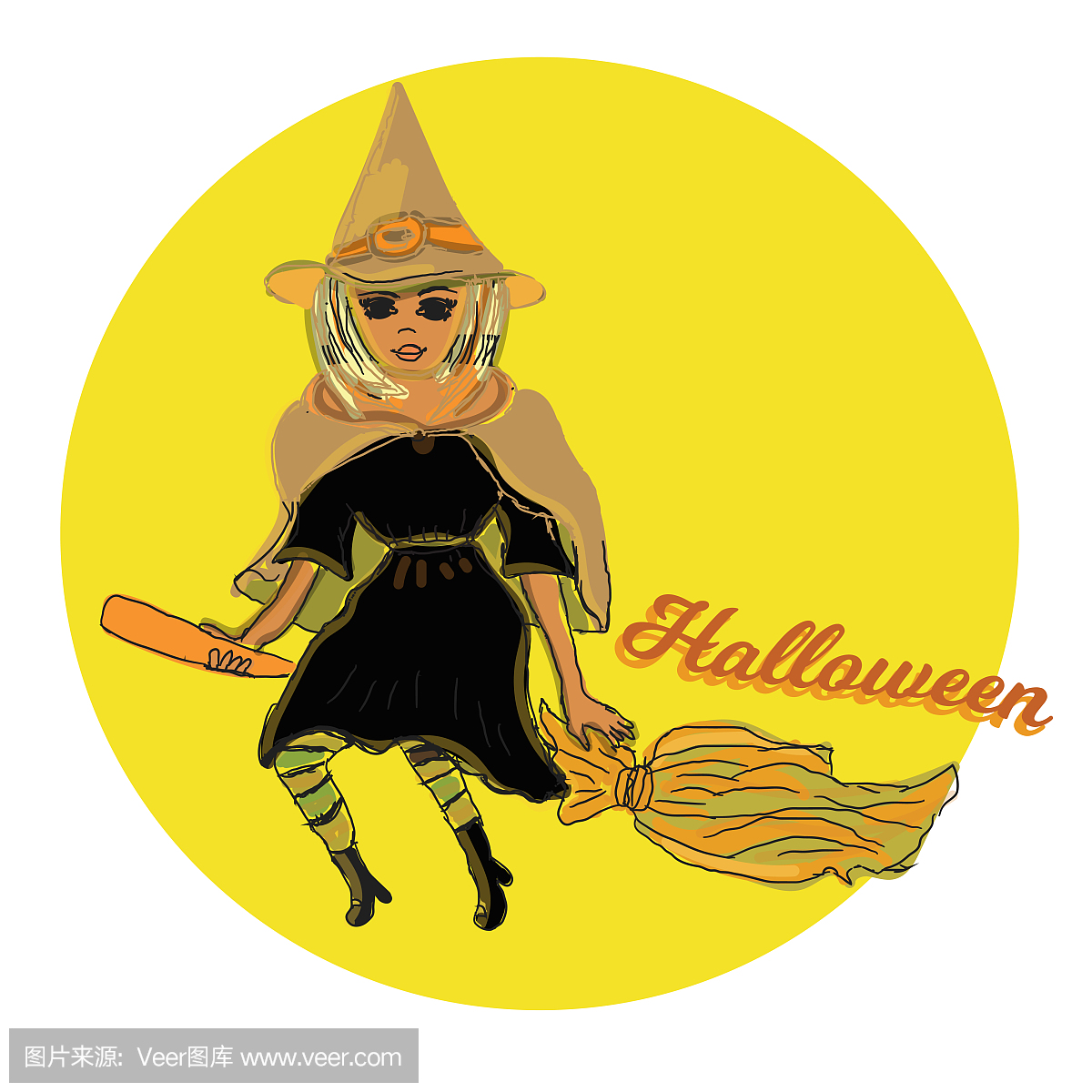 可爱的小女巫,卡通魔术万圣节的年轻女孩,字符