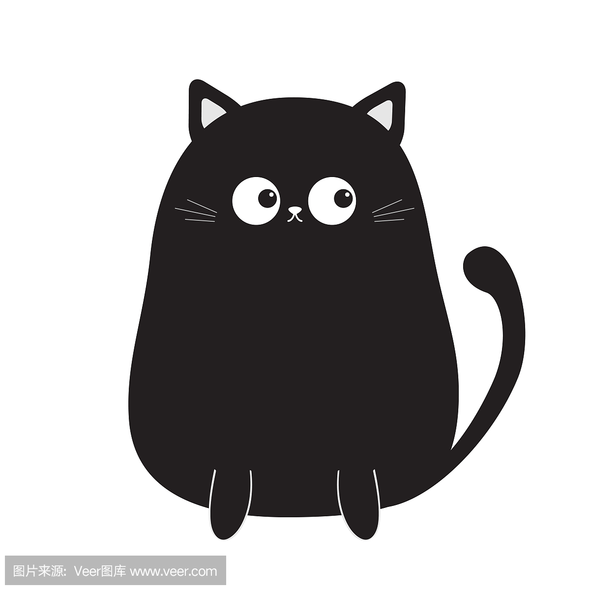 坐在尾巴上的黑色可爱坐猫小猫。卡通小猫角色