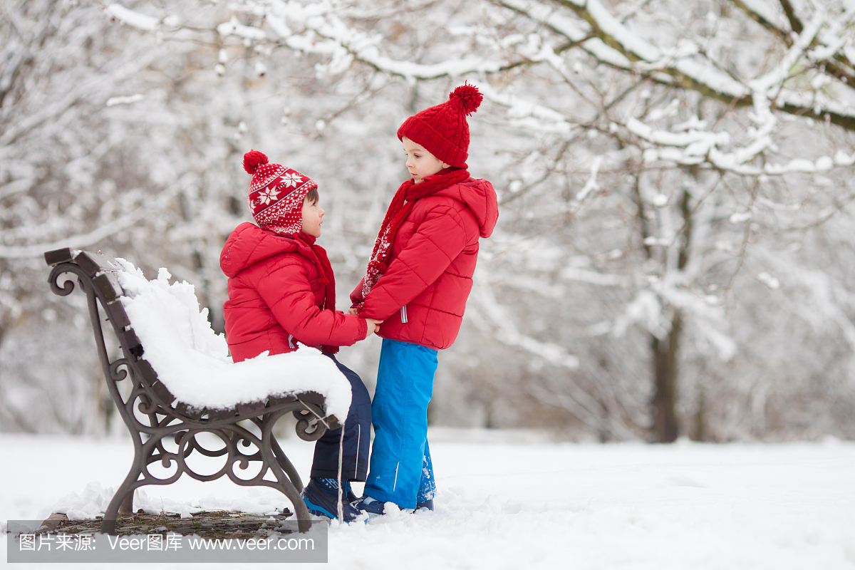 两个可爱的孩子,男孩兄弟,在一个下雪的公园里